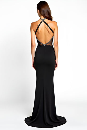 Mermaid Halter Black Tie Dress With Slit